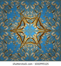 Vintage design element in Eastern style. Ornamental lace tracery. Traditional arabic decor on blue, beige colors. Golden ornate illustration for wallpaper. Vector seamless pattern with floral ornament