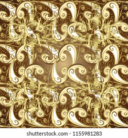 Vintage design element in Eastern style. Vector seamless pattern with floral ornament. Golden ornate illustration for wallpaper. Traditional arabic decor on brown, beige and yellow colors.