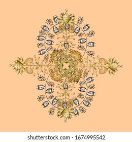 Vintage design element in Eastern style. Ornamental lace tracery. Golden ornate illustration for wallpaper. Vector pattern with floral ornament. Traditional arabic decor on beige and brown colors.