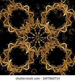 Vintage design element in Eastern style. Ornamental lace tracery. Golden ornate illustration for wallpaper. Traditional arabic decor on brown and black colors. Vector pattern with floral ornament.