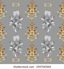 Elemento de diseño antiguo de estilo oriental. Ilustración dorada ornamentada para papel pintado. Decoración árabe tradicional en tonos blancos y grises. Tracería de encaje ornamental. Patrón vectorial sin fisuras con ornamento floral