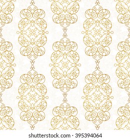 Vintage design element in Eastern style. Vector seamless pattern with floral ornament.  Ornamental lace tracery. Golden ornate illustration for wallpaper. Traditional arabic decor on light background.