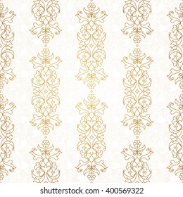 Vintage design element in Eastern style. Vector seamless pattern with floral ornament. Ornamental lace tracery. Golden ornate illustration for wallpaper. Traditional arabic decor on light background.