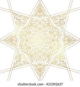 Vintage design element in Eastern style. Vector seamless pattern with geometric and floral ornament. Ornamental lace tracery. Golden ornate illustration for wallpaper. Traditional arabic decor. Star.