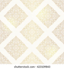 Vintage design element in Eastern style. Vector seamless pattern with floral ornament.  Ornamental lace tracery. Golden ornate illustration for wallpaper. Traditional arabic decor on light background.