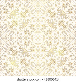  Elemento de diseño antiguo de estilo oriental.Vector sin fisuras con adorno floral. Tracería de encaje ornamental. Ilustración dorada ornamentada para papel pintado. Decoración tradicional árabe sobre fondo claro.