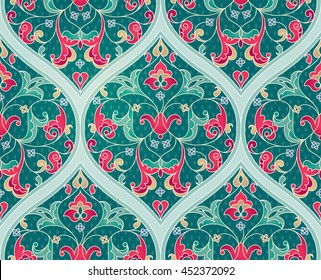 Vintage design element in Eastern style. Vector seamless pattern, floral ornament.  Ornamental lace tracery. Turquoise ornate illustration for wallpaper. Traditional arabic decor bright background.