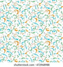 Vintage design element in Eastern style. Vector seamless pattern with floral ornament. Ornamental lace tracery. Ornate spotted illustration. Decor from bright leaves and petals on white background.