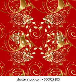Vintage design element in Eastern style. Ornamental lace tracery. Vector seamless pattern with floral ornament. Traditional arabic decor on red background. Golden ornate illustration for wallpaper.
