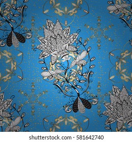 Vintage design element in Eastern style. Traditional arabic decor on blue background. Golden ornate illustration for wallpaper. Ornamental lace tracery. Vector pattern with floral ornament.