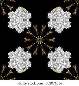 Vintage design element in Eastern style. Traditional arabic decor on black background. Ornamental lace tracery. Vector seamless pattern with floral ornament. Golden ornate illustration for wallpaper.