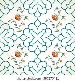 Vintage design element in Eastern style. Vector seamless pattern with floral ornament. Ornamental lace tracery. Luxury ornate illustration for wallpaper. Premium arabic decor on light background.