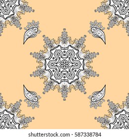 Vintage design element in Eastern style. Vector seamless pattern with floral ornament. Ornamental lace tracery. Golden ornate illustration for wallpaper. Traditional arabic decor on beige background.