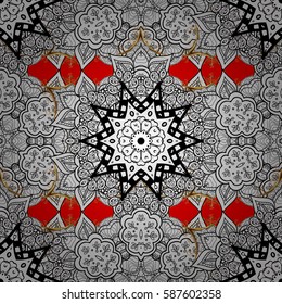 Vintage design element in Eastern style. Vector seamless pattern with floral ornament. Ornamental lace tracery. Golden ornate illustration for wallpaper. Traditional arabic decor on red background.
