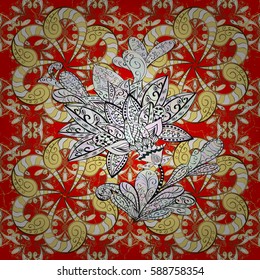 Vintage design element in Eastern style. Vector with floral ornament. Traditional arabic decor on red background. Ornamental lace tracery. Golden ornate illustration for wallpaper.