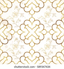 Vintage design element in Eastern style. Vector seamless pattern with floral ornament. Ornamental lace tracery. Luxury ornate illustration for wallpaper, background, web. Premium golden arabic decor.