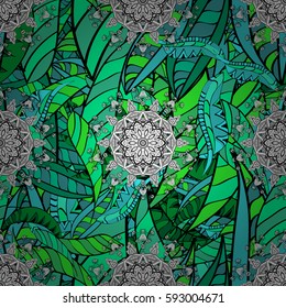 Vintage design element in Eastern style. Vector seamless pattern with floral ornament. Ornamental lace tracery. Green ornate illustration for wallpaper. Traditional arabic decor on background.