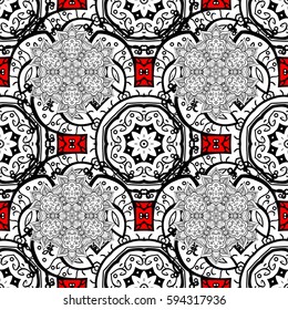 Vintage design element in Eastern style. Vector seamless pattern with floral ornament. Ornamental lace tracery. Golden ornate illustration for wallpaper. Traditional arabic decor on red background.