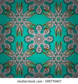 Vintage design element in Eastern style. Golden ornate illustration for wallpaper. Vector seamless pattern with floral ornament. Ornamental lace tracery. Traditional arabic decor on blue background.