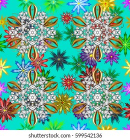 Vintage design element in Eastern style. Golden ornate illustration for wallpaper. Ornamental lace tracery. Traditional arabic decor on blue background. Vector seamless pattern with floral ornament.
