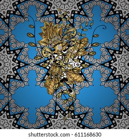 Vintage design element in Eastern style. Golden ornate illustration for wallpaper. Vector seamless pattern with floral ornament. Ornamental lace tracery. Traditional arabic decor on blue background.