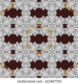 Vintage design element in Eastern style. Traditional arabic decor on brown background. Ornamental lace tracery. Vector seamless pattern with floral ornament. Golden ornate illustration for wallpaper.