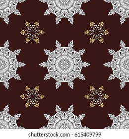 Vintage design element in Eastern style. Vector with floral ornament. Golden ornate illustration for wallpaper. Traditional arabic decor on brown background. Ornamental lace tracery.