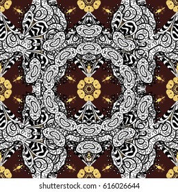 Vintage design element in Eastern style. Traditional arabic decor on brown background. Golden ornate illustration for wallpaper. Ornamental lace tracery. Vector seamless pattern with floral ornament.