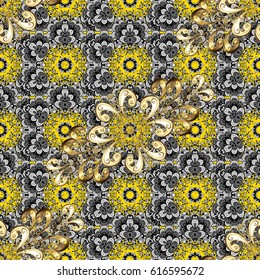 Vintage design element in Eastern style. Vector pattern with floral ornament. Golden ornate illustration for wallpaper. Traditional arabic decor on yellow background. Ornamental lace tracery.