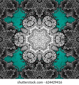 Vintage design element in Eastern style. Vector pattern with floral ornament. Traditional arabic decor on blue background. Ornamental lace tracery. White ornate illustration for wallpaper.