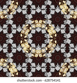 Vintage design element in Eastern style. Golden ornate illustration for wallpaper. Ornamental lace tracery. Traditional arabic decor on brown background. Vector seamless pattern with floral ornament.