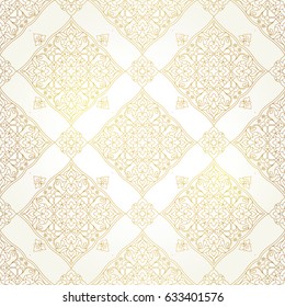 Vintage design element in Eastern style. Vector seamless pattern with floral ornament. Ornamental lace tracery. Golden ornate illustration for wallpaper. Traditional arabic decor on light background.