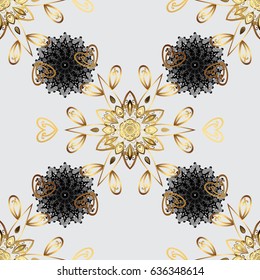 Vintage design element in Eastern style. Traditional arabic decor on gray background. Golden ornate illustration for wallpaper. Ornamental lace tracery. Vector seamless pattern with floral ornament.