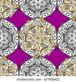 Vintage design element in Eastern style. Golden ornate illustration for wallpaper. Traditional arabic decor on magenta background. Vector seamless pattern with floral ornament. Ornamental lace tracery