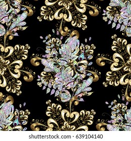 Vintage design element in Eastern style. Golden ornate illustration for wallpaper. Vector seamless pattern with floral ornament. Ornamental lace tracery. Traditional arabic decor on black background.