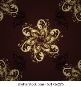 Vintage design element in Eastern style. Ornamental lace tracery. Vector seamless pattern with floral ornament. Traditional arabic decor on brown background. Golden ornate illustration for wallpaper.