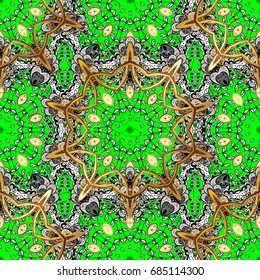 Vintage design element in Eastern style. Golden ornate illustration for wallpaper. Ornamental lace tracery. Traditional arabic decor on green background. Vector pattern with floral ornament.