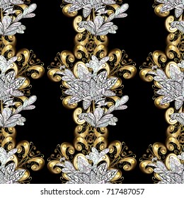 Vintage design element in Eastern style. Traditional arabic decor on black colors. Golden ornate illustration for wallpaper. Ornamental lace tracery. Vector seamless pattern with floral ornament.