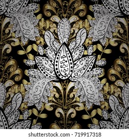 Vintage design element in Eastern style. Traditional arabic decor on black, white colors. Ornamental tracery. Vector seamless pattern with floral ornament. Golden ornate illustration for wallpaper.