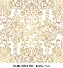 Vintage design element in Victorian style. Vector seamless pattern with floral ornament. Ornamental lace tracery. Golden ornate illustration for wallpaper. Traditional gold decor on light background.