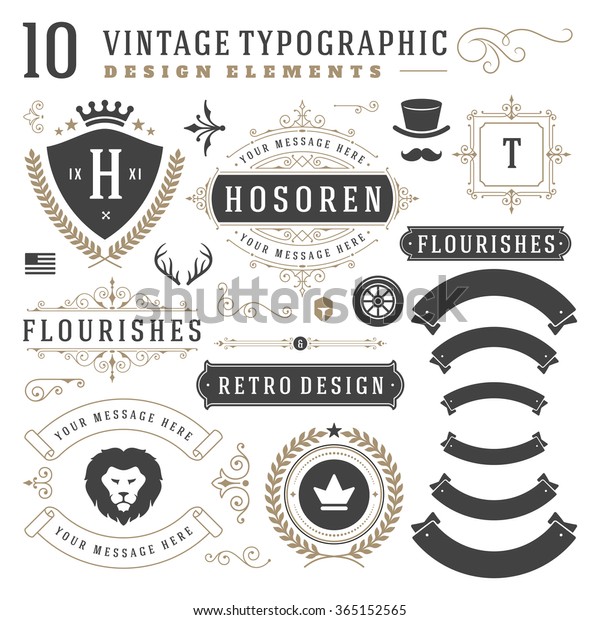 Vintage Design Elements. Arrows, Retro Typography,\
Labels, Ribbons, Logos symbols, Crowns, Calligraphy Swirls,\
Ornaments. Logo Elements, Logo symbols, Icons, Logo Vector, Symbols\
Design, Retro Logos.