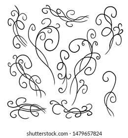 Vintage design elements. Black curly branches shapes isolated on white background. A set of monochrome abstract curls. Vector illustration.Vector illustration.