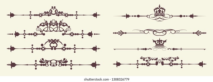 Vintage design elements book and page decorations. Ruler, divider, vignette, scroll, swirl pattern. Vector graphics