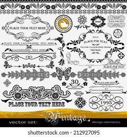Vintage design elements: butterfly and flowers ornaments, artistic isolated dividers, corners, creative style page decorations, highest quality, retro set of floral patterns templates and layouts