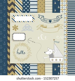 Vintage Design Elements: cute toy fox in boat, frames, ribbon, tag, star, flag and cute seamless backgrounds. For design  or scrap booking.