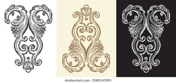 Vintage design elements. Decorative baroque monogram, ornament. Set of vector calligraphy illustration. Sketch of arabesque and flourish motif. For decoration, wedding, print and design
