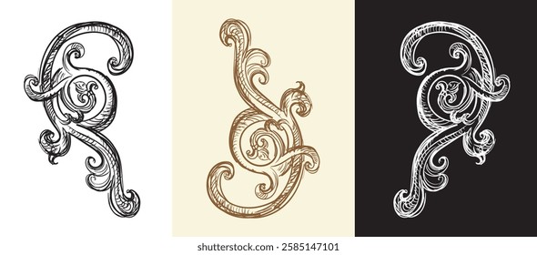 Vintage design elements. Decorative baroque monogram, ornament. Set of vector calligraphy illustration. Sketch of arabesque and flourish motif. For decoration, wedding, print and design