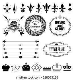 Vintage design elements -fleur-de-lis, crowns, shield, arrows