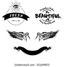 Vintage design elements. Flowers, wings and banners.