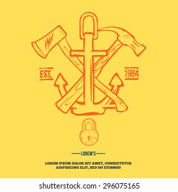 Vintage design elements labels anchor with crossed axe and hummer vector illustration